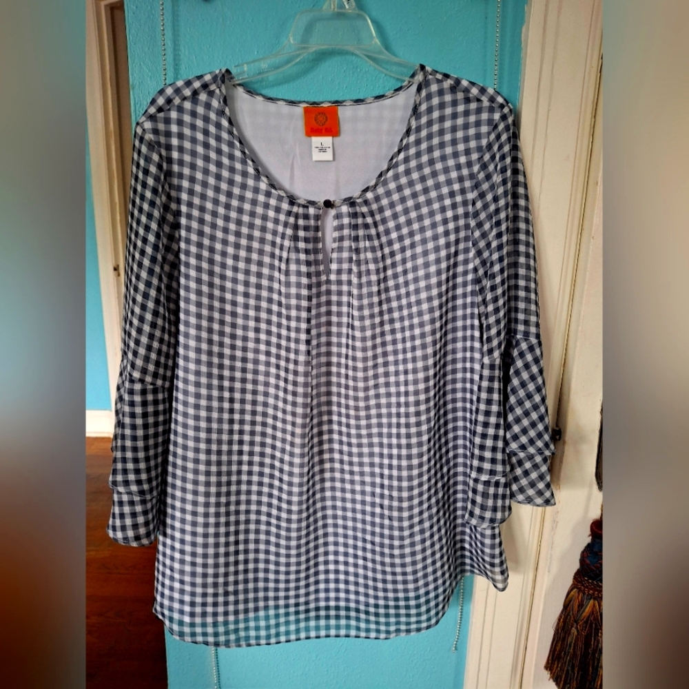 Ruby Rd Women's L Black & White Checked Seersucker Lined Tunic 3/4 Ruffled Bell